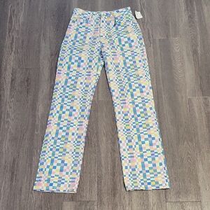 Zara Pastel Checkered Straight Leg Jeans